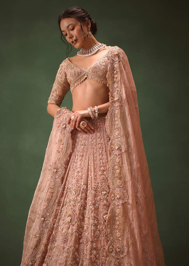 Peach Chanderi Brocade Embroidered Bridal Lehenga With Two Dupattas