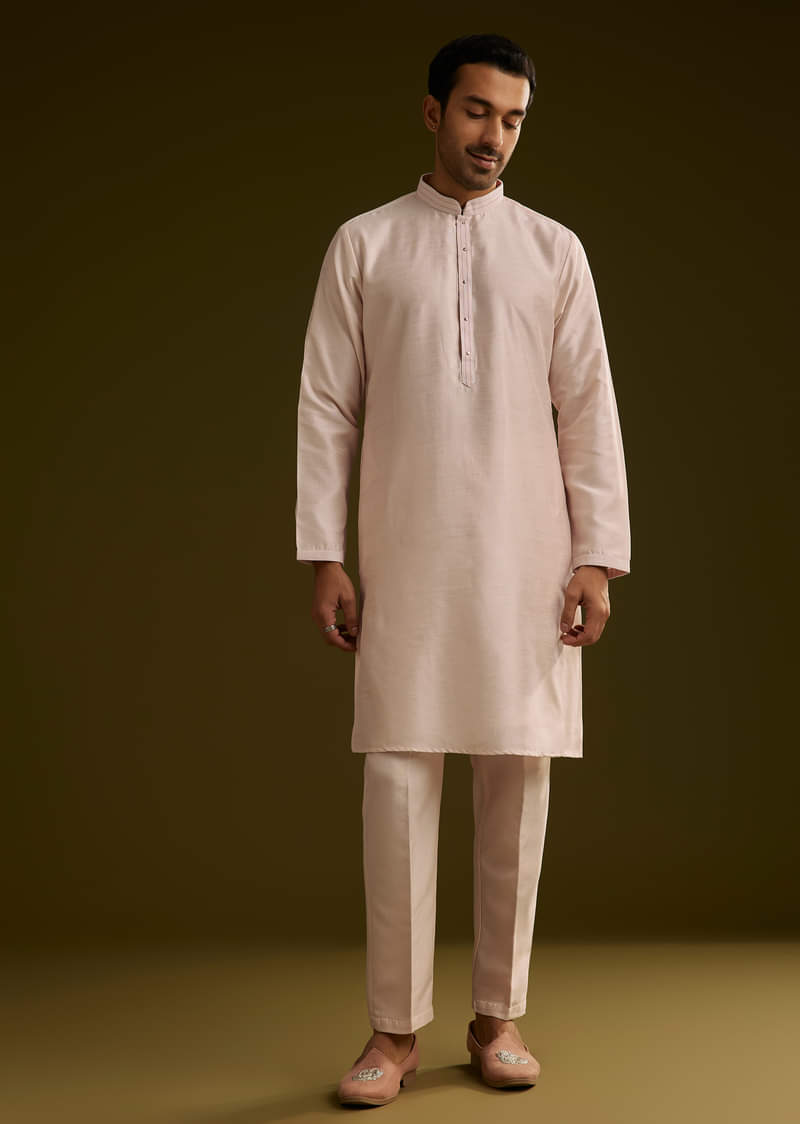 Peach Cotton Silk Kurta Set With Geometric Threadwork Jacket
