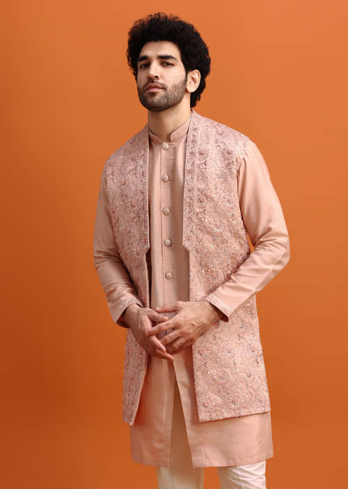 Buy Peach Embroidered Kurta Jacket Set For Men Online KALKI