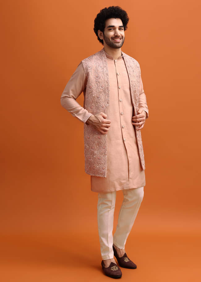 Peach Embroidered Kurta Jacket Set For Men