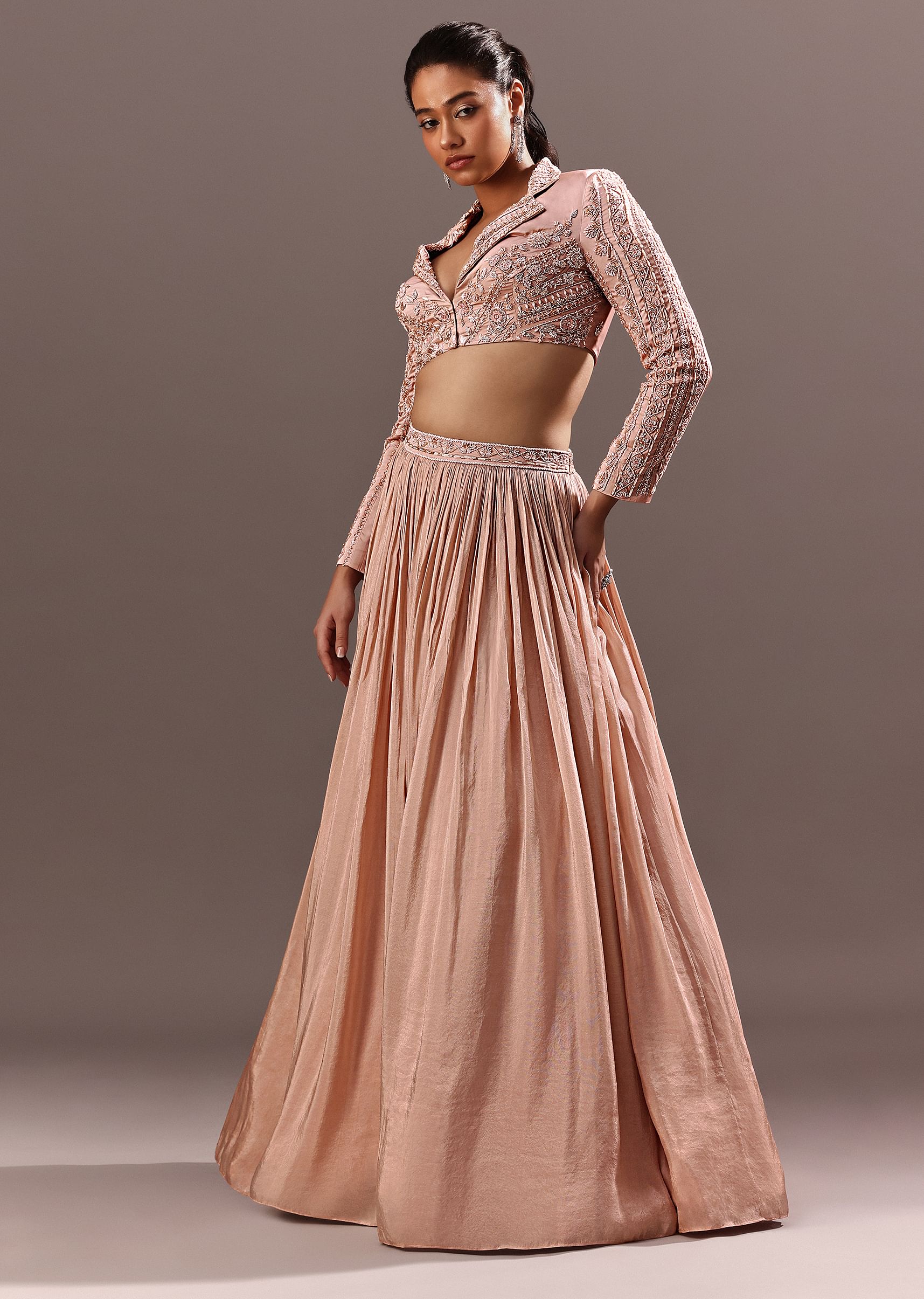Buy Peach Embroidered Ruched Lehenga With Collar Neck Blouse And Dupatta Kalki Fashion Global