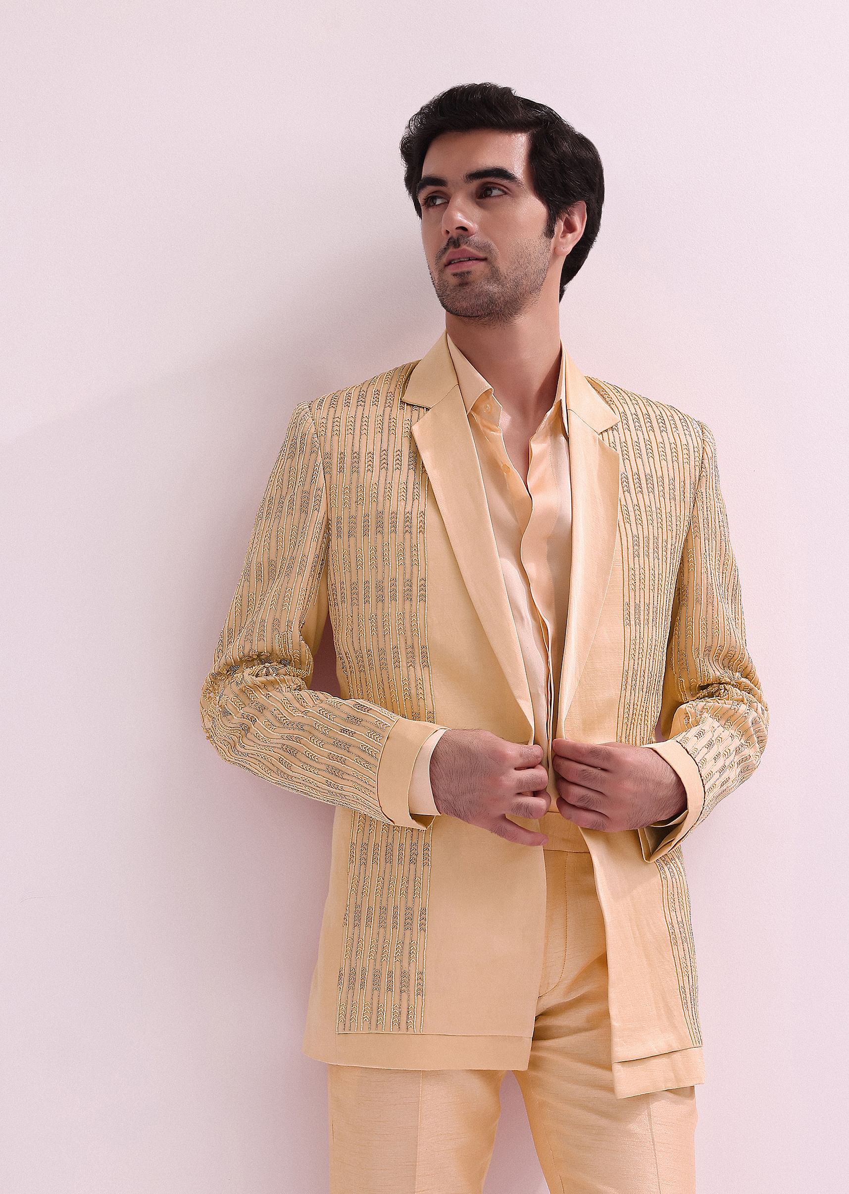 Buy Peach Hand Embellished Lapel Tuxedo With Shirt And Pants