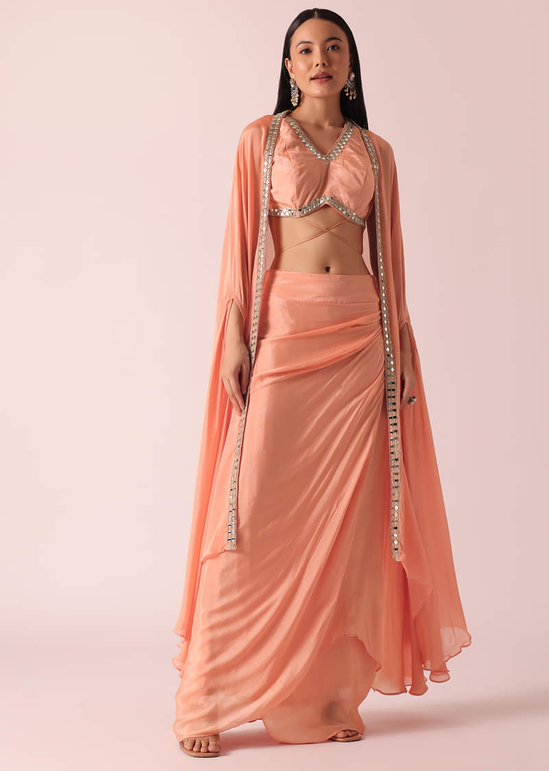 Peach Jacket And Dhoti Set With Mirror Work