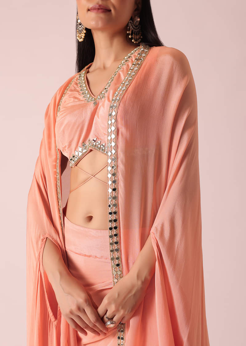 Peach Jacket And Dhoti Set With Mirror Work