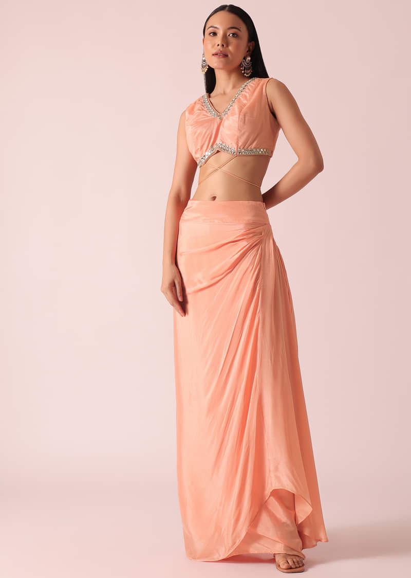 Peach Jacket And Dhoti Set With Mirror Work