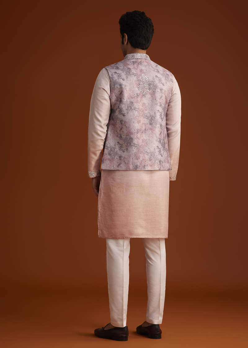 Peach Kurta Set With Embellished Nehru Jacket