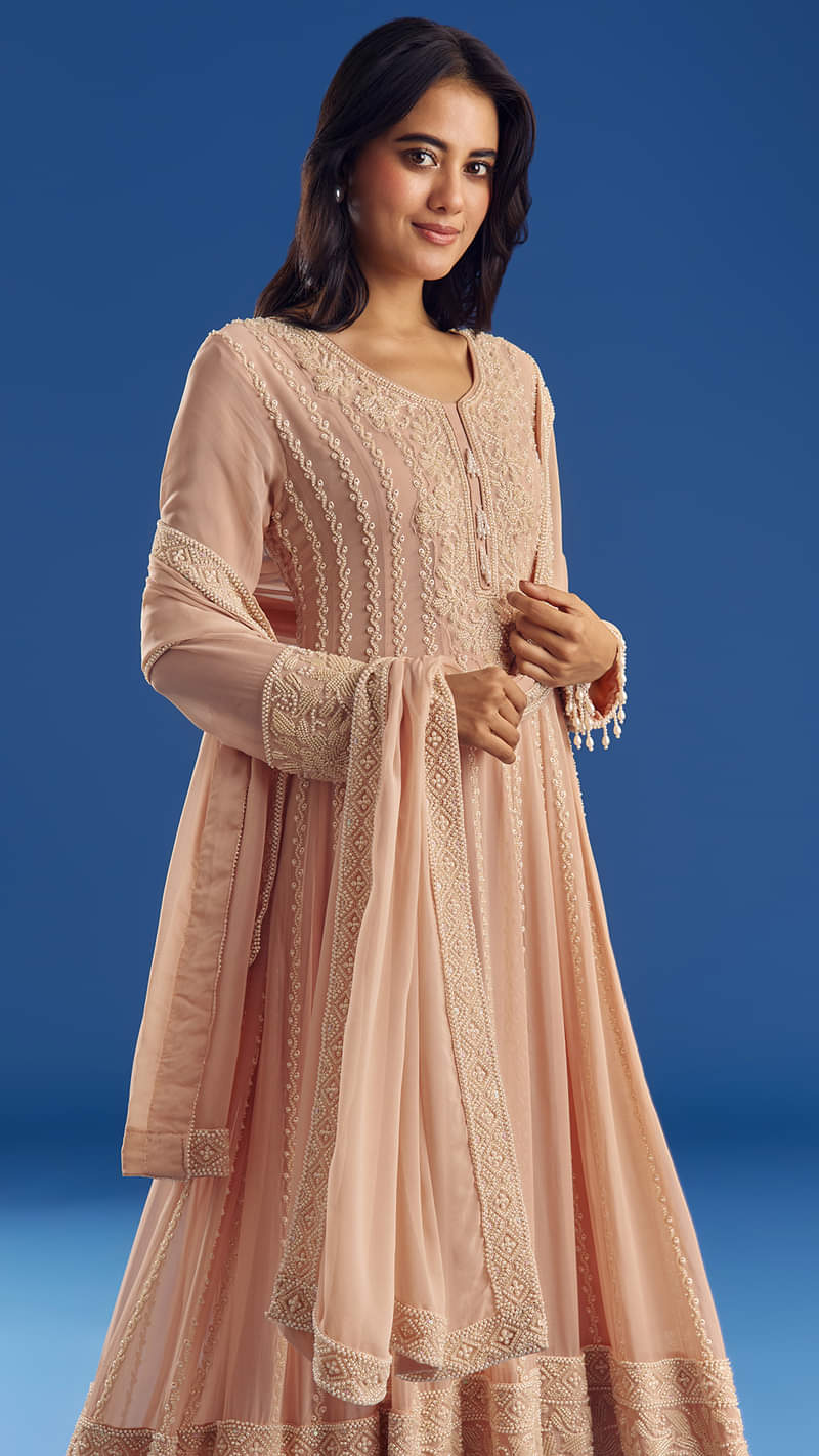 Peach Moti Beads Georgette Anarkali Set With Tassel Dupatta