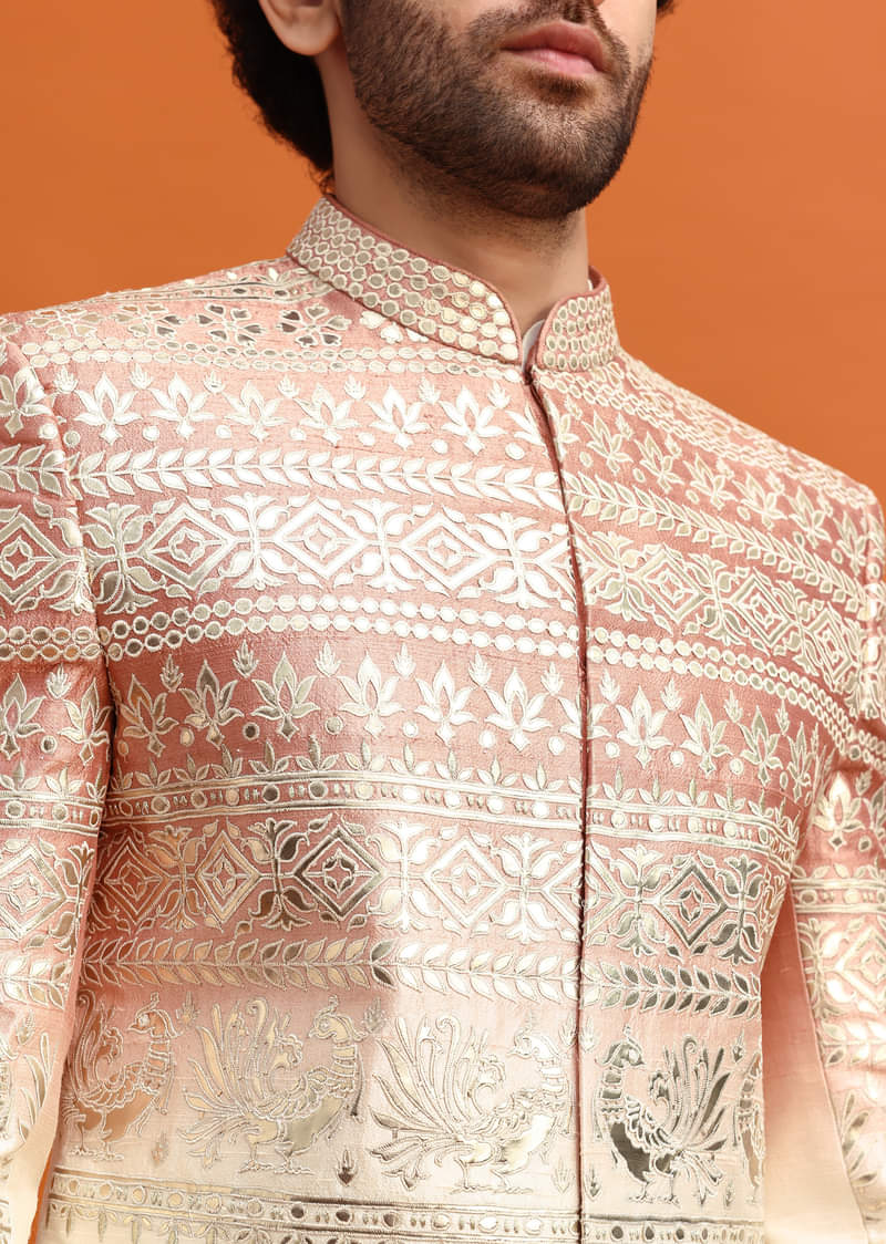 Peach Ombre Indowestern Set With Foil Work For Men