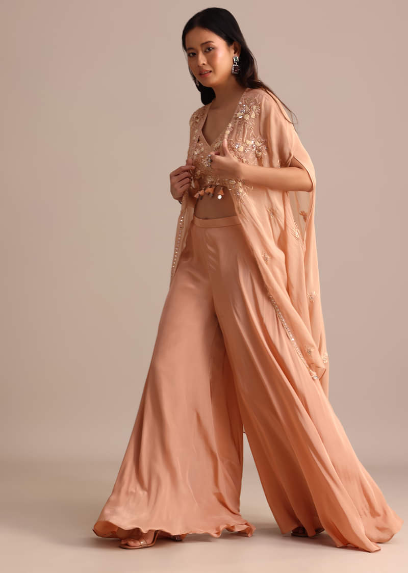 Peach Organza Crop Top Suit With Embroidered Jacket