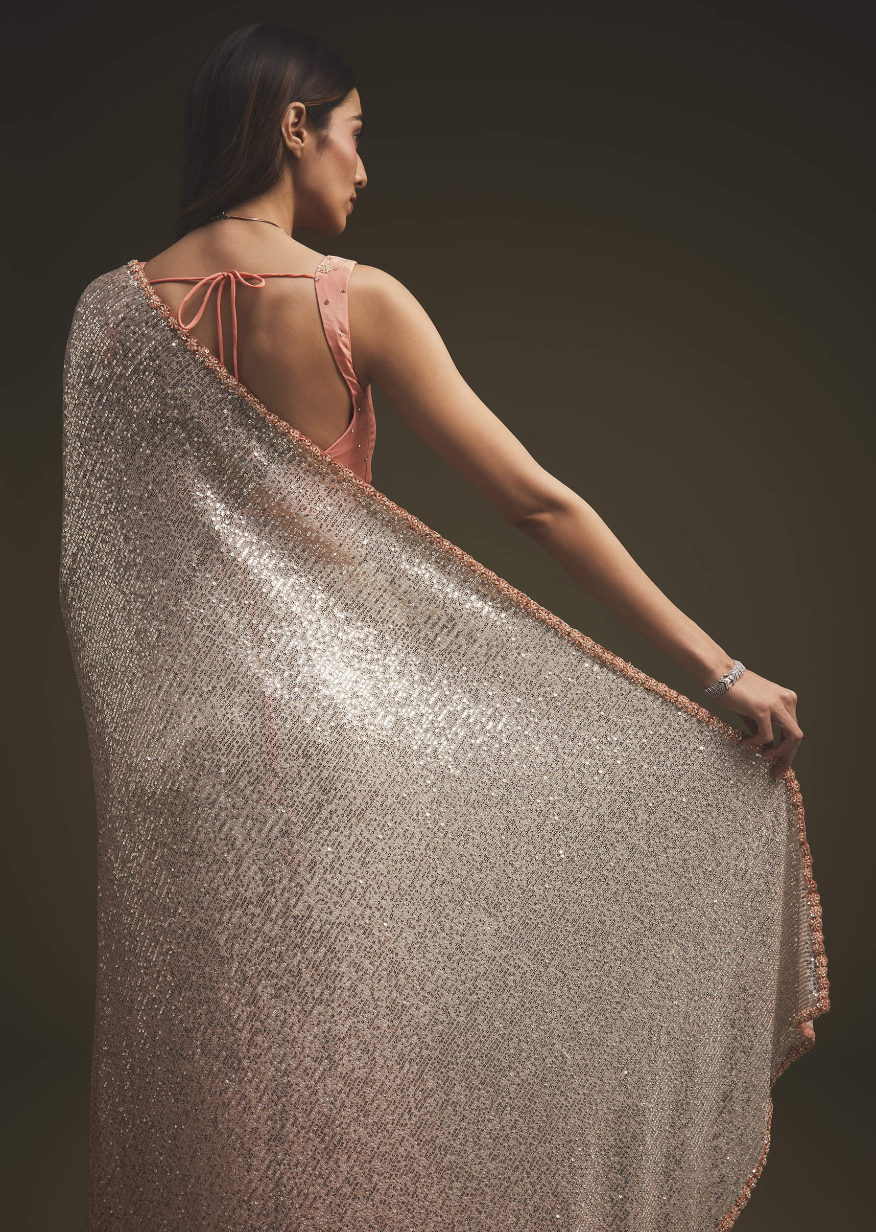 Peach Pink and Silver Sequins Saree with Embellished Border