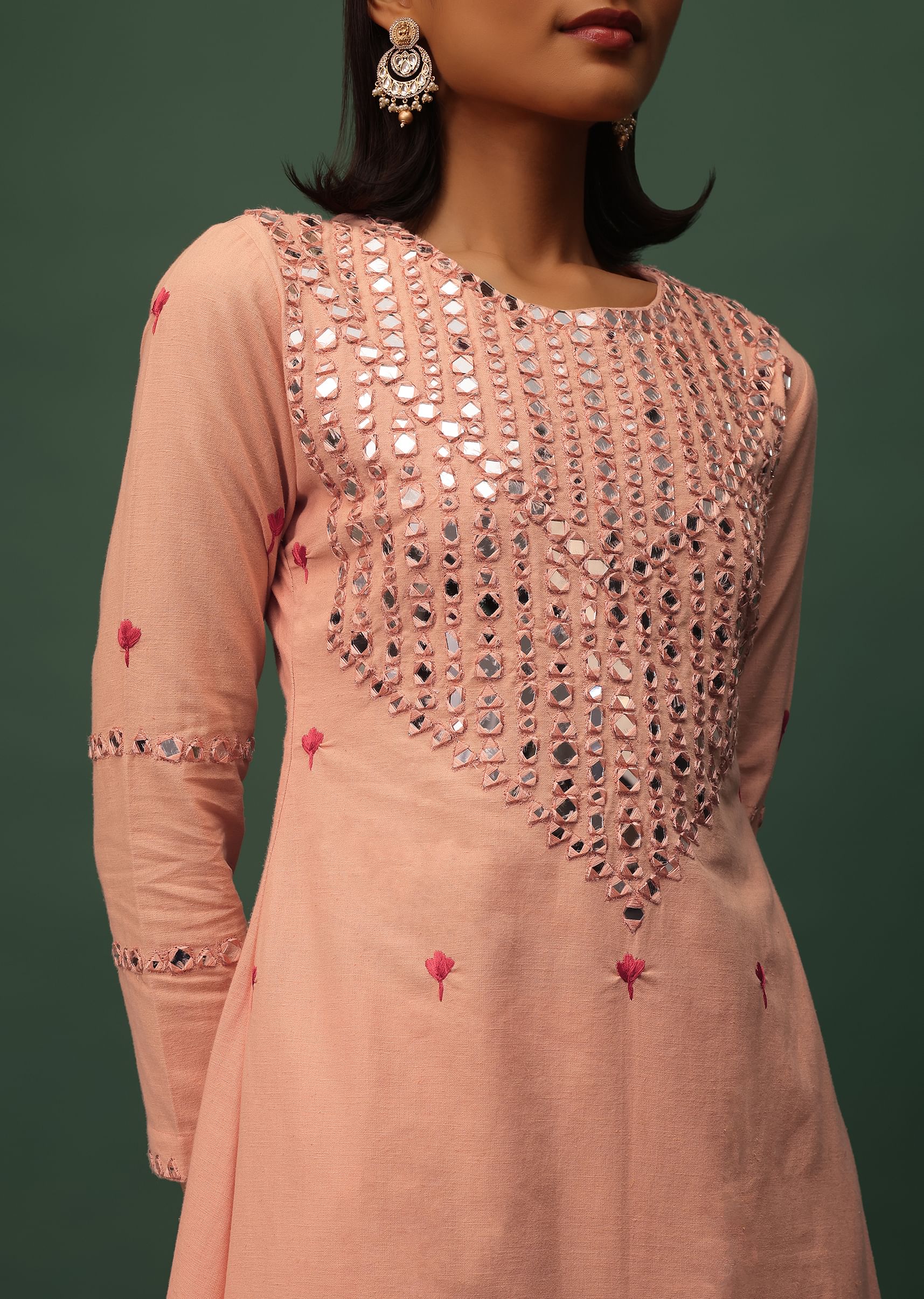 Buy Peach Pink Cotton Kurta And Leggings Set With Mirror Work