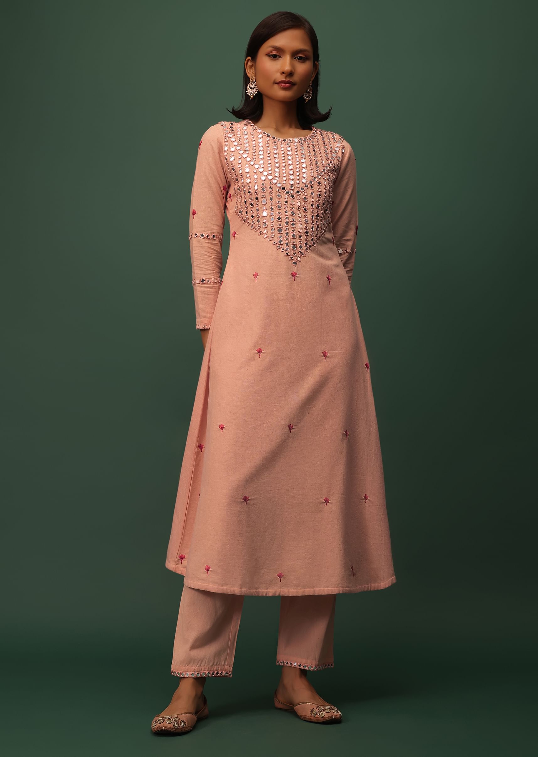 Buy Peach Pink Cotton Kurta And Leggings Set With Mirror Work