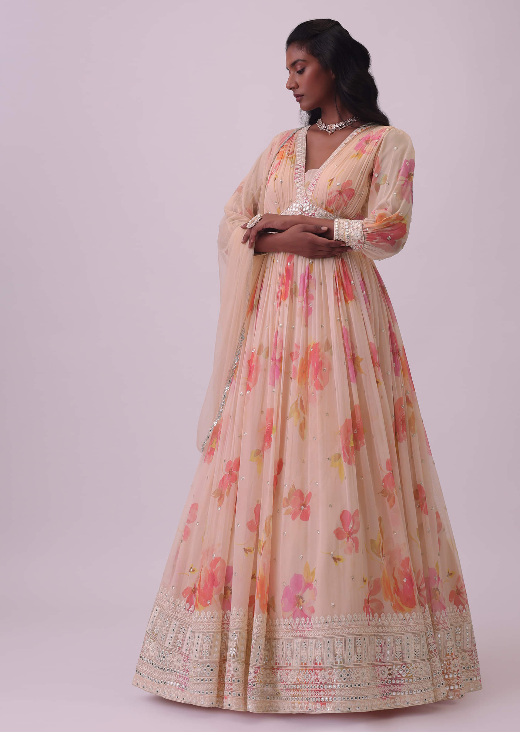 Buy Peach Pink Embroidered Anarkali Set In Georgette With Floral Print |  KALKI Fashion India