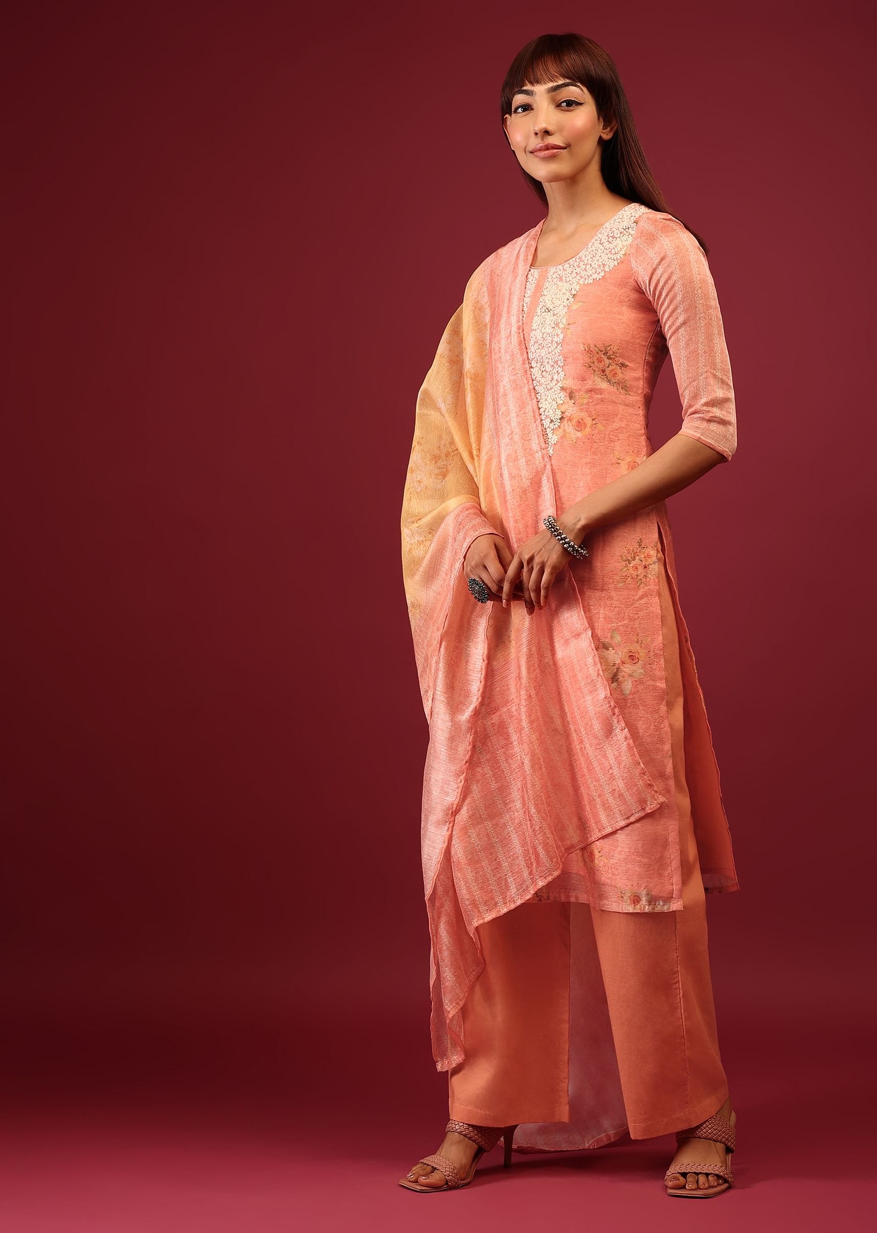 Peach colour palazzo suit deals