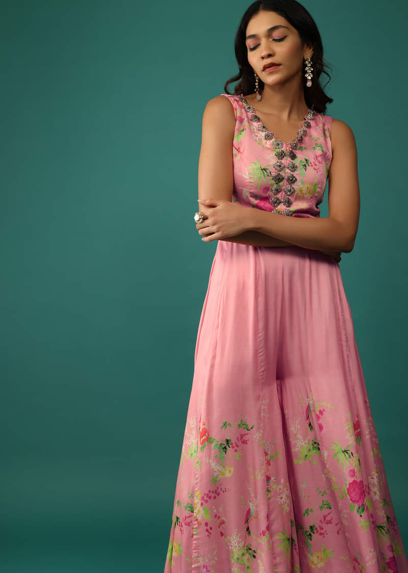 Peach Pink Jumpsuit In Mull Cotton With Embroidered Belt