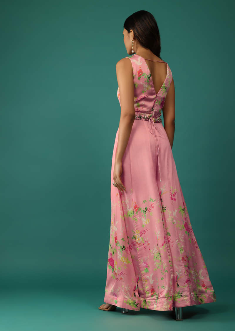 Peach Pink Jumpsuit In Mull Cotton With Embroidered Belt