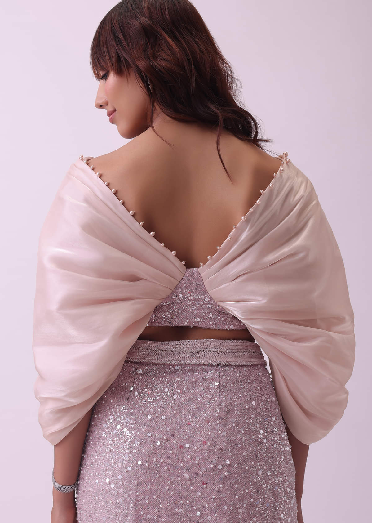 Peach Pink Pre Stitched Saree And Blouse With Pearl Embroidery