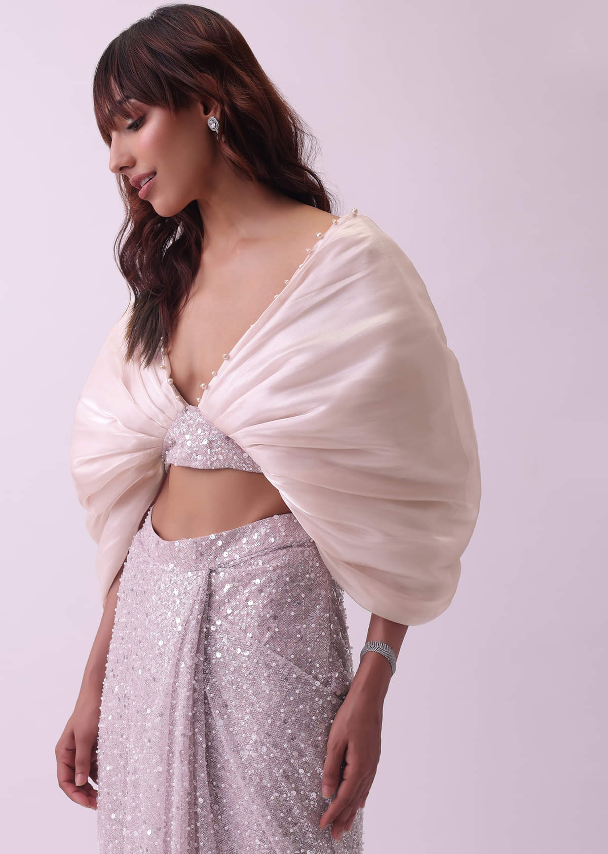 Peach Pink Pre Stitched Saree And Blouse With Pearl Embroidery