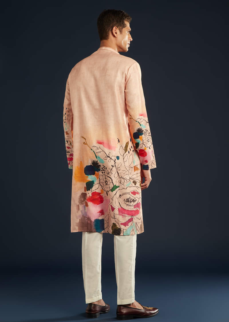 Peach Printed Silk Kurta Set