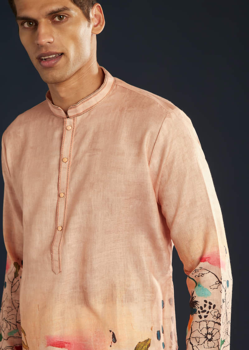 Peach Printed Silk Kurta Set