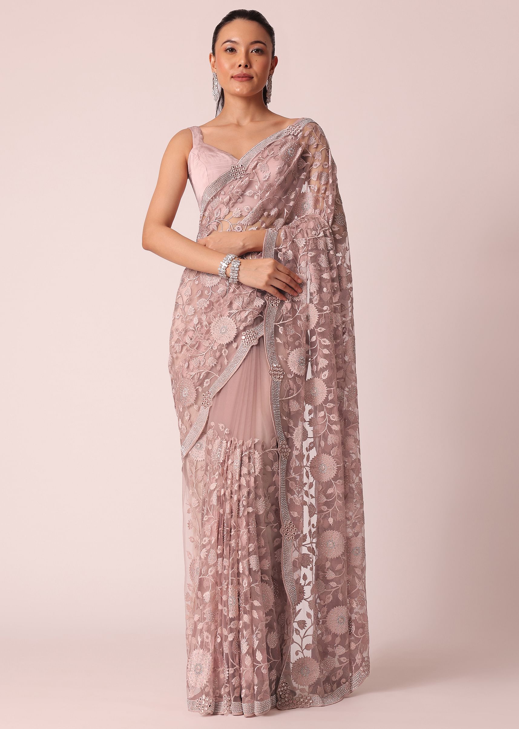 Buy Onion Pink Sheer Saree With Floral stone studded And Buy Onion Pink Sheer Saree With Floral stone studded And