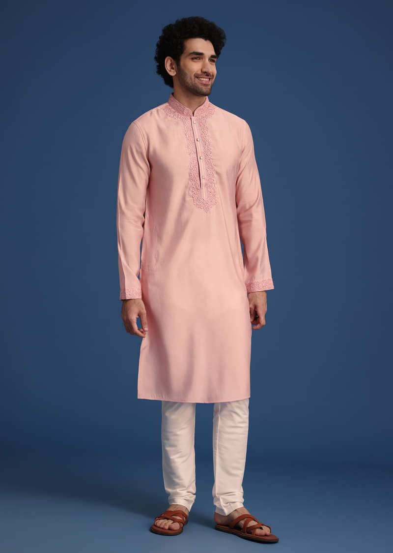 Peach Thread Hand Embroidered Kurta Set