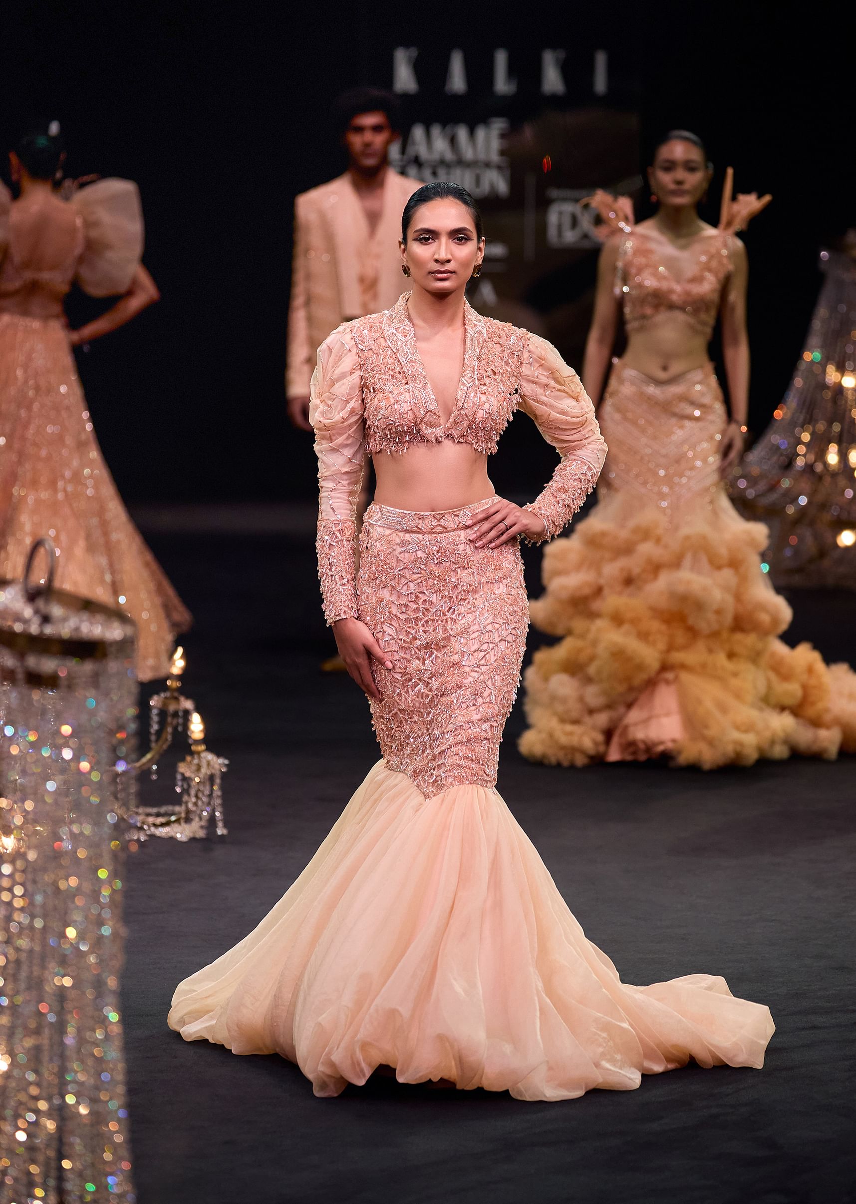 Buy Peach Zardosi Fishcut Skirt With Embroidered Short Sleeve Jacket KALKI Fashion Global