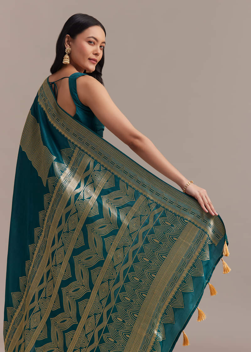 Peacock Blue Dola Silk Saree With All Over Zari Weaving