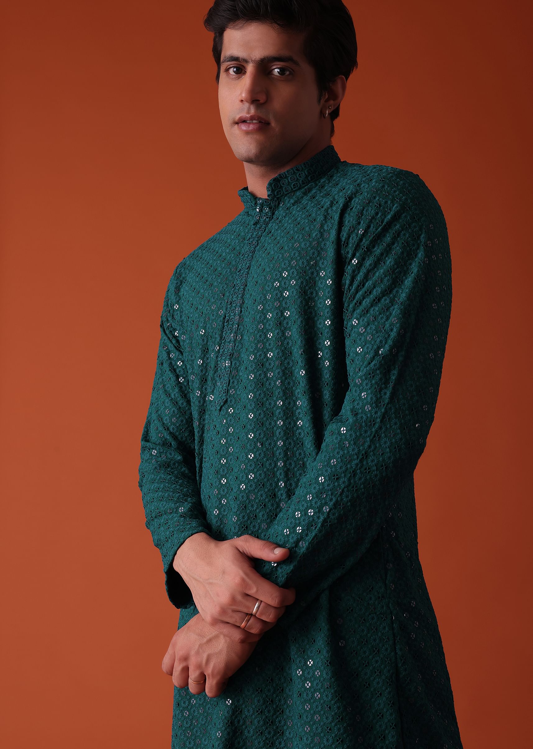 Buy Peacock Green Chikankari Kurta Set In Rayon With Sequins Embroidery