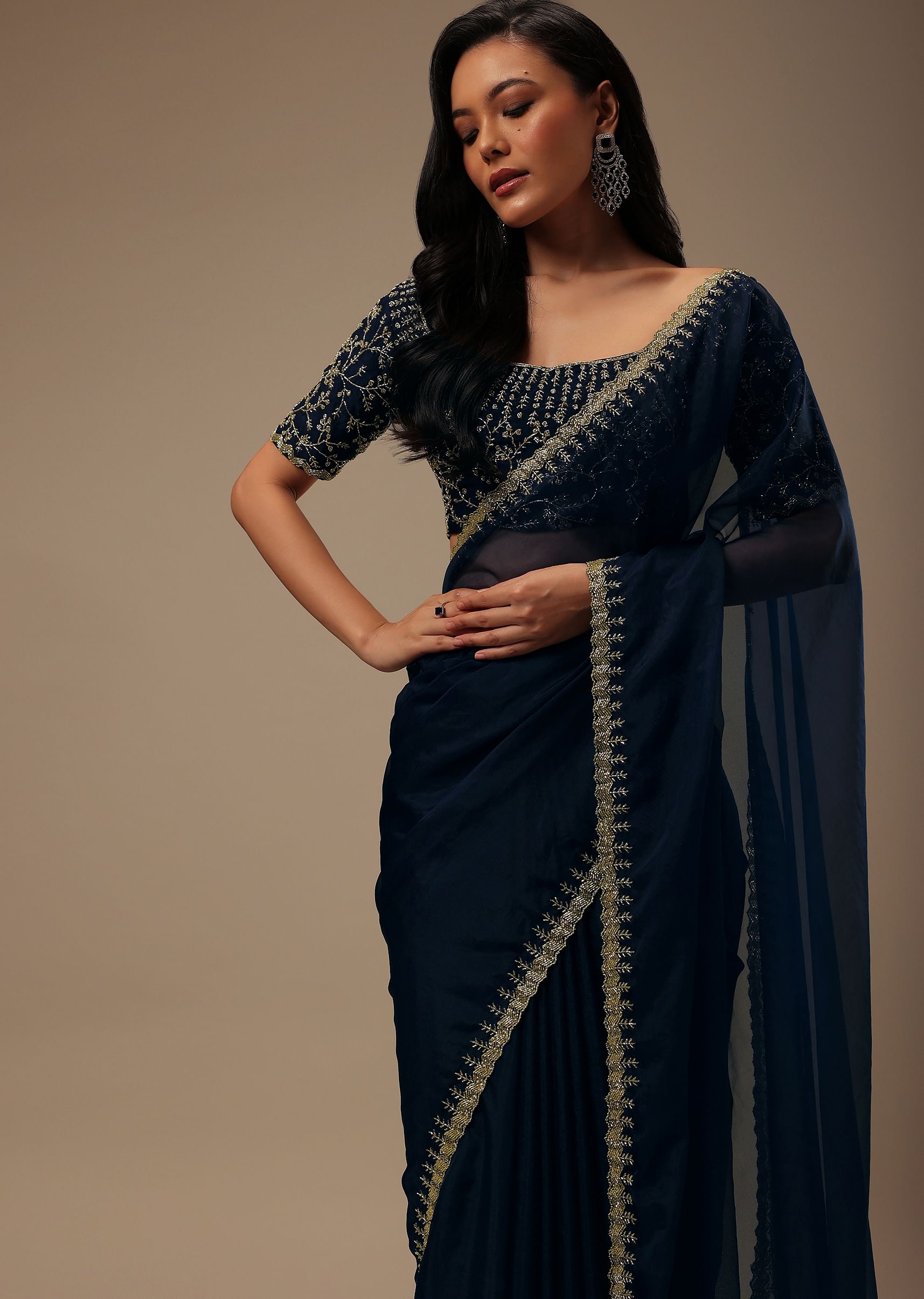 Buy Dark Blue Plain Organza Saree With Heavy Cut Dana Work KALKI Fashion India