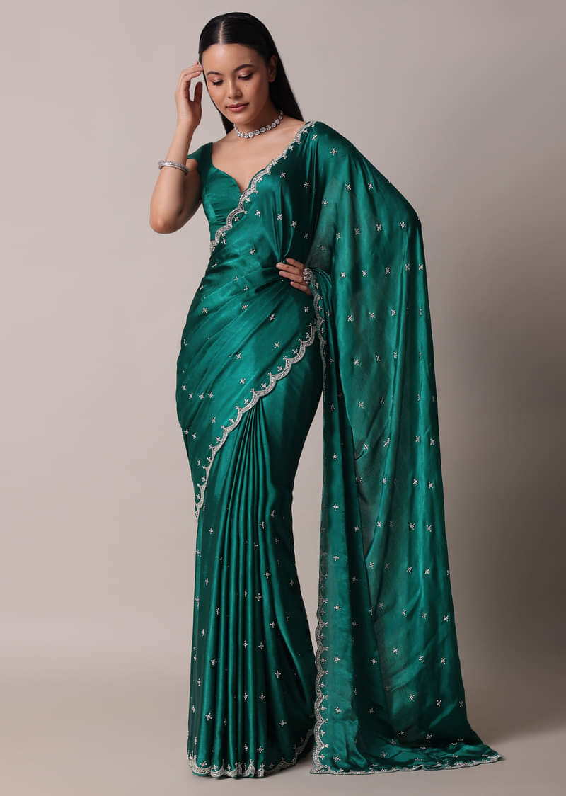 Peacock Green Saree In Satin Chinon With Scallop Border And Unstitched Blouse Piece
