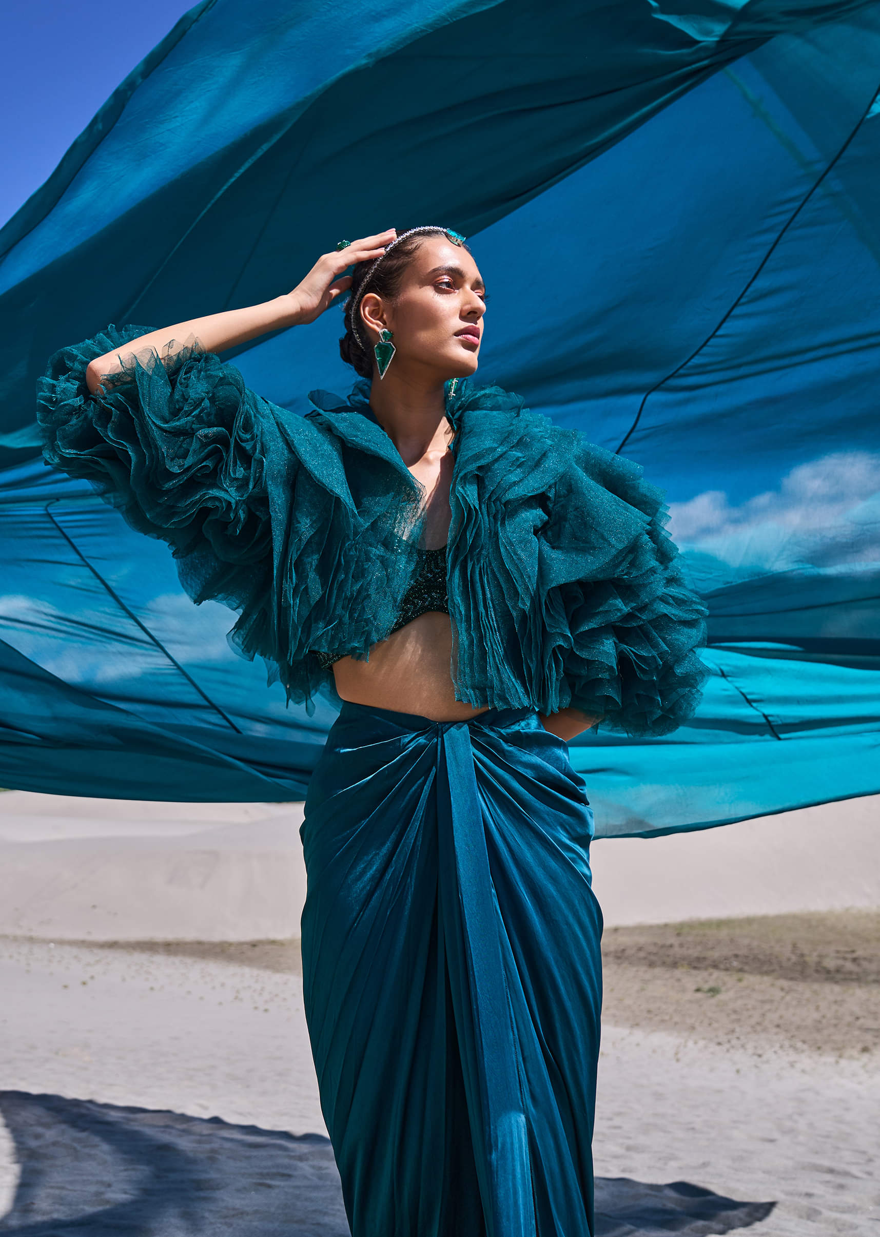 Buy Peacock Green Satin Pre Draped Skirt Set With Ruffle Jacket