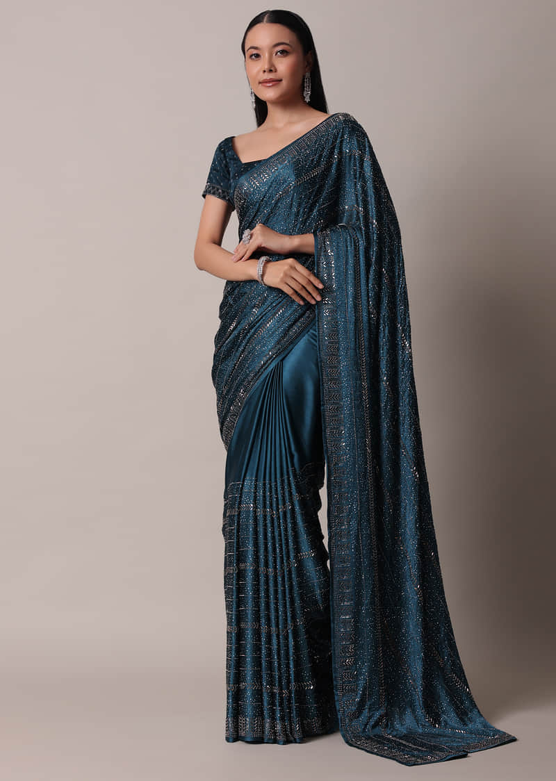 Buy Peacock Blue Satin Saree With Swarovski Embellishments And ...