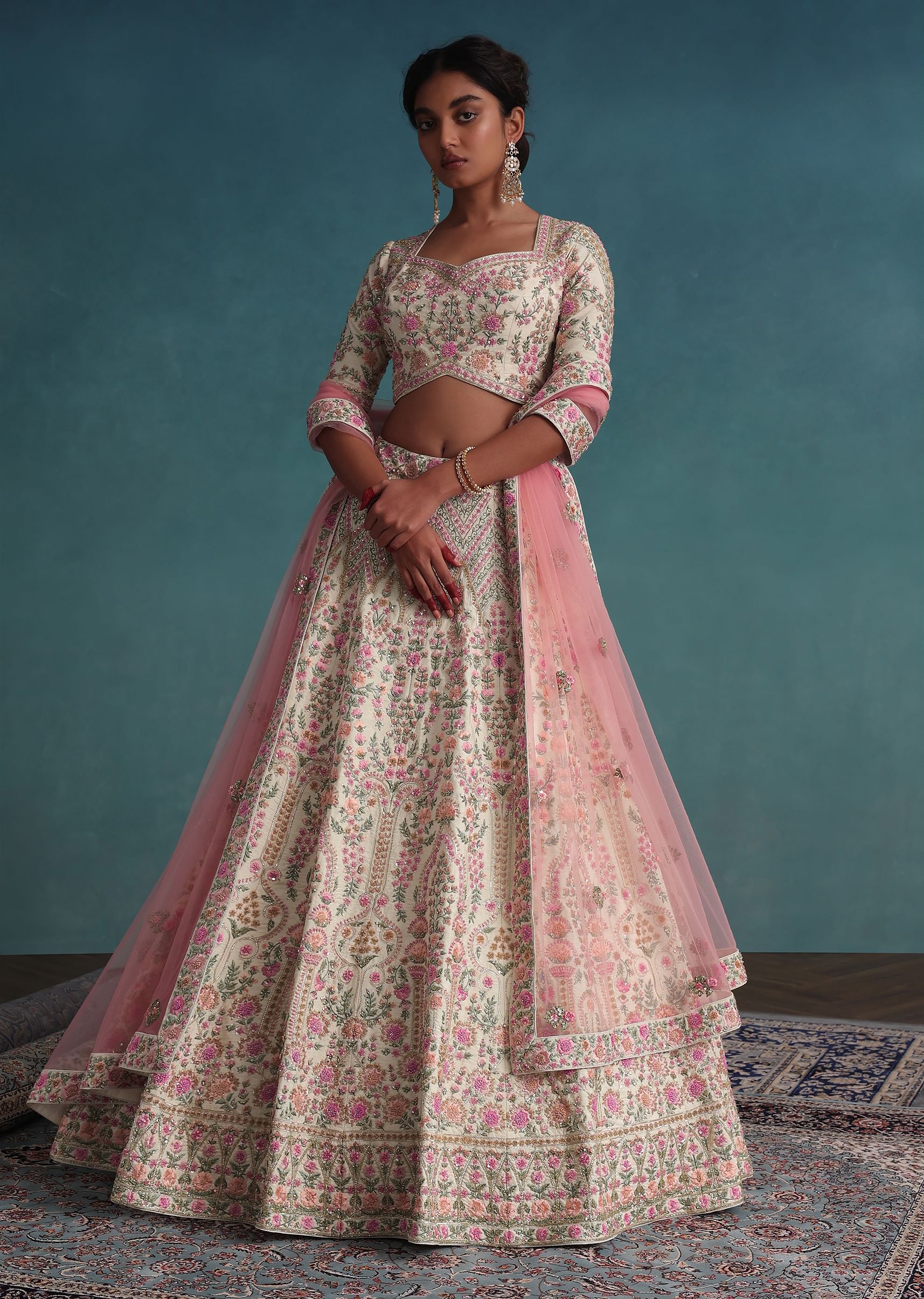 Buy Pearl White Embroidered Bridal Lehenga In Raw Silk With Floral Hand Embroidery KALKI Fashion Global