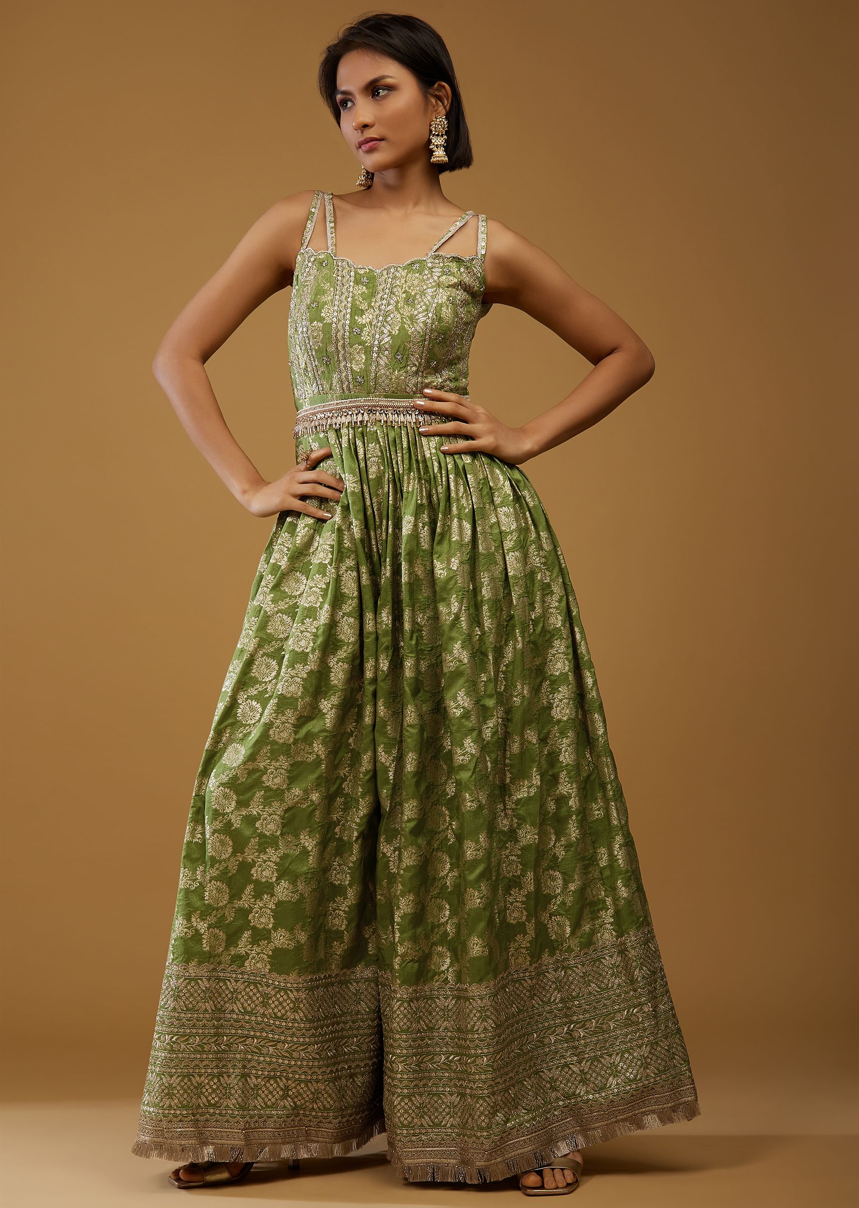 Buy Olive Green Festive Jumpsuit In Silk With Brocade Weave And Embroidery KALKI Fashion Global