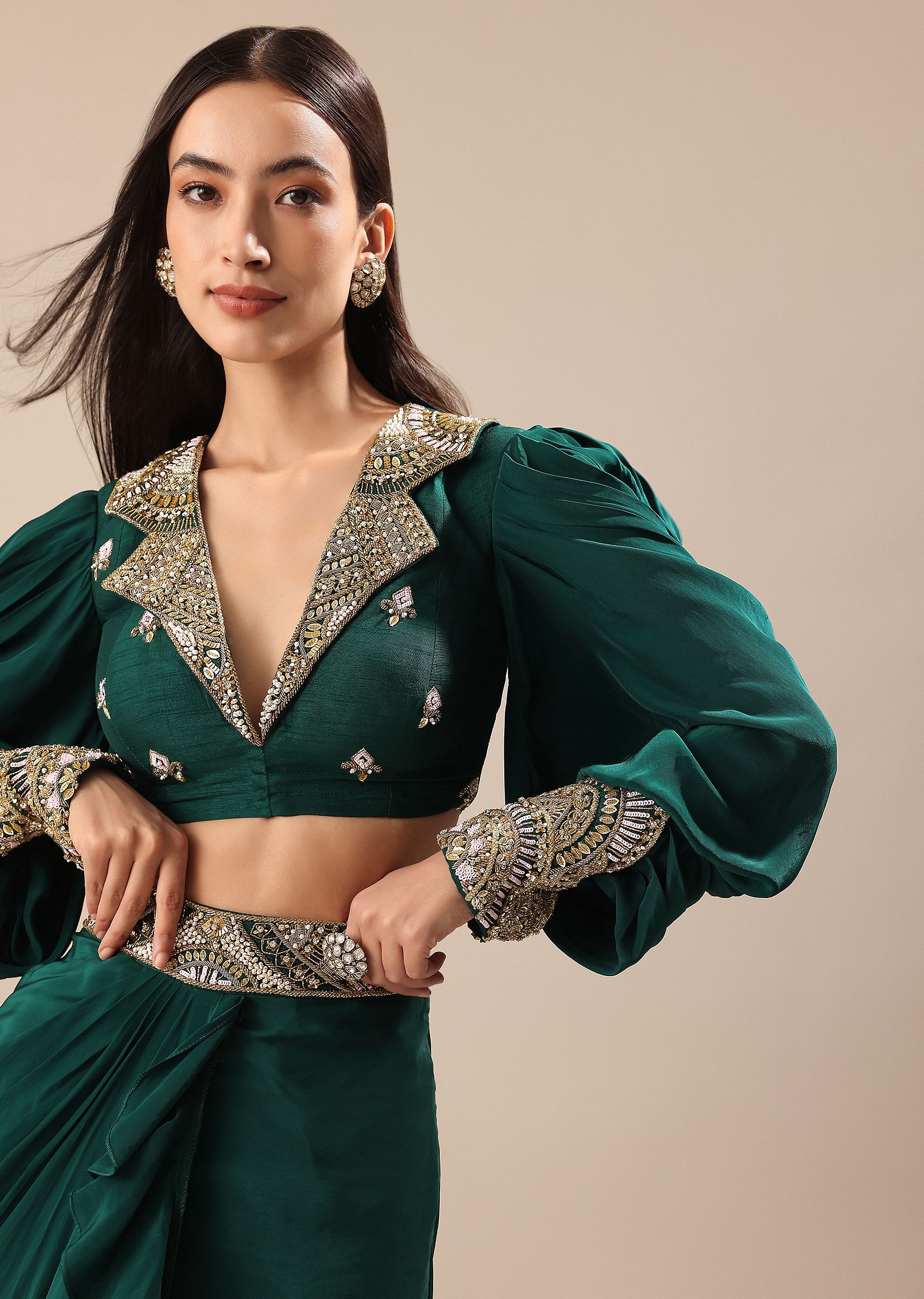 Buy Pine Green Embroidered Blouse And Drape Skirt