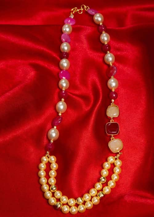 Buy Pink And Cream Pearl Beaded Fancy Party Wear Necklace Online
