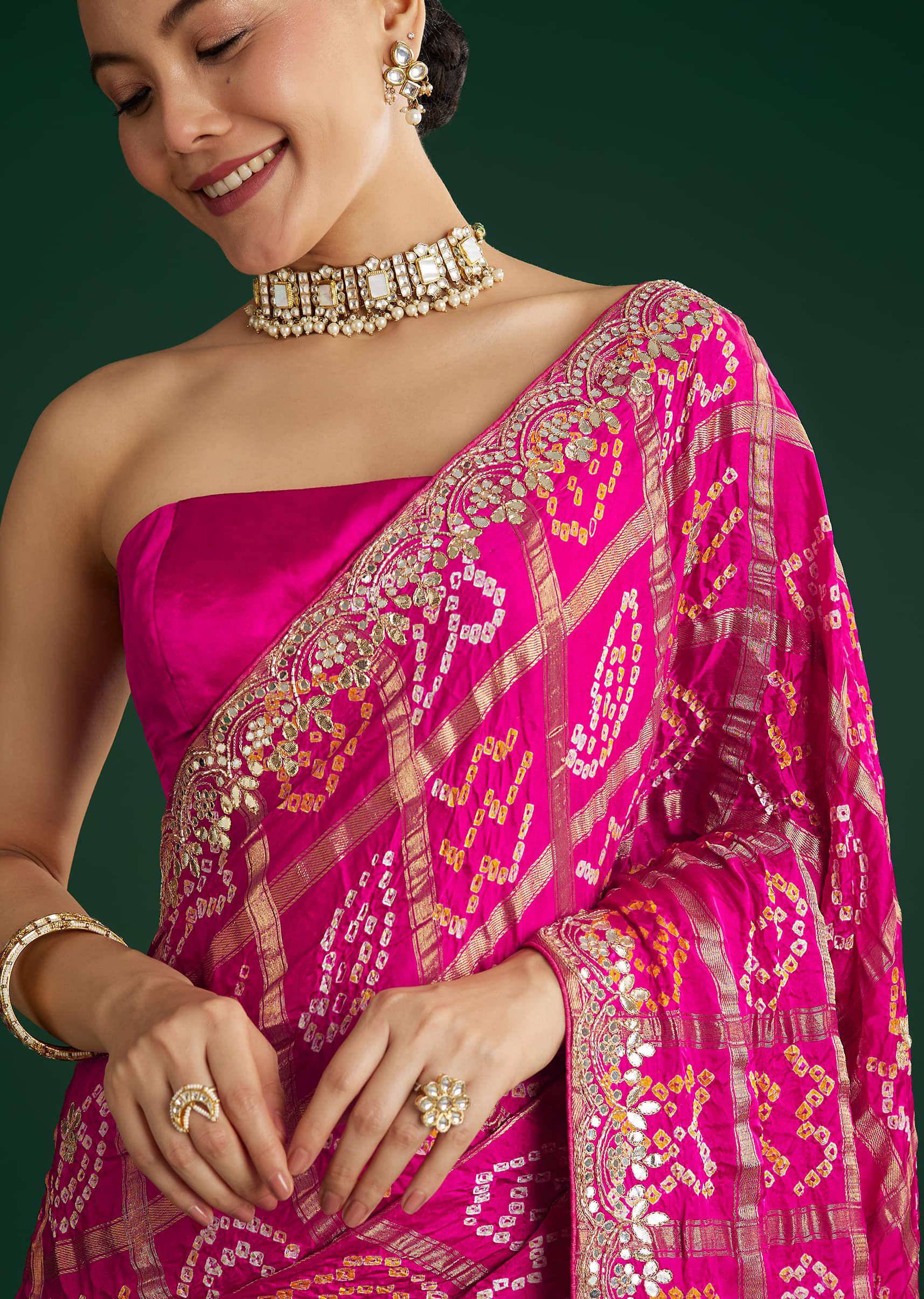 Buy Pink Bandhani Saree With Gota Work| KALKI Fashion Global