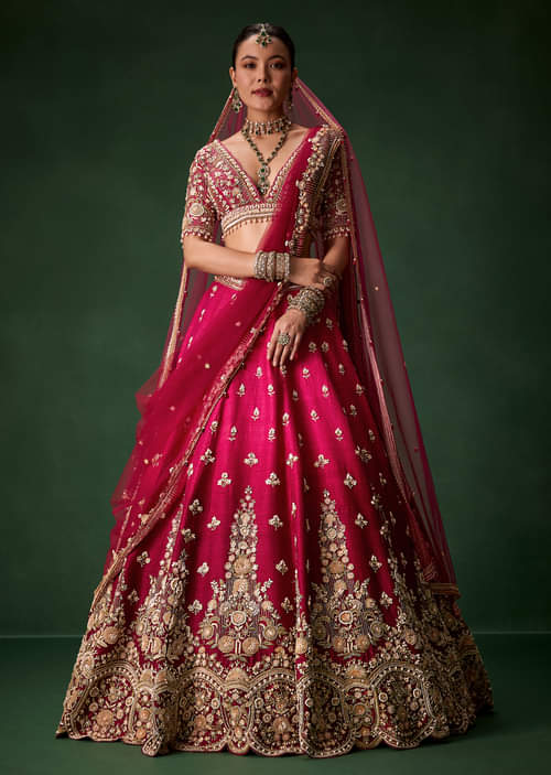 Pink Bridal Silk Lehenga Set with  Two Dupattas