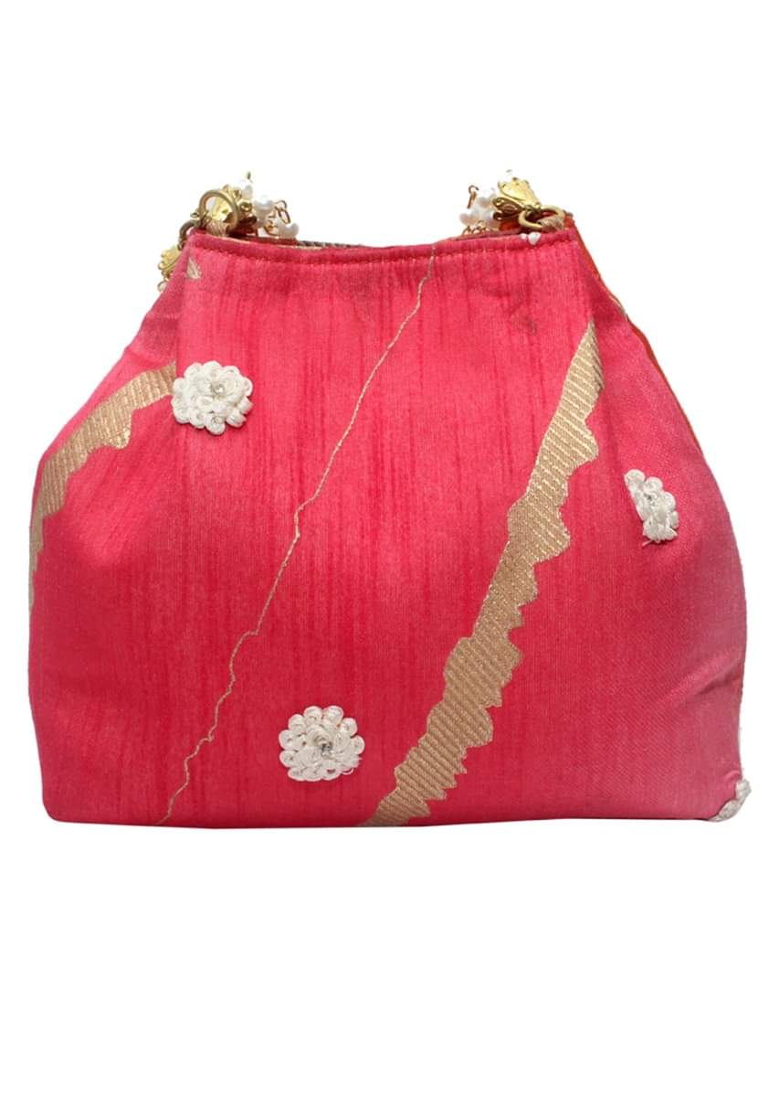 Buy Pink Butwa Clutch In Raw Silk With Thread Embroidered