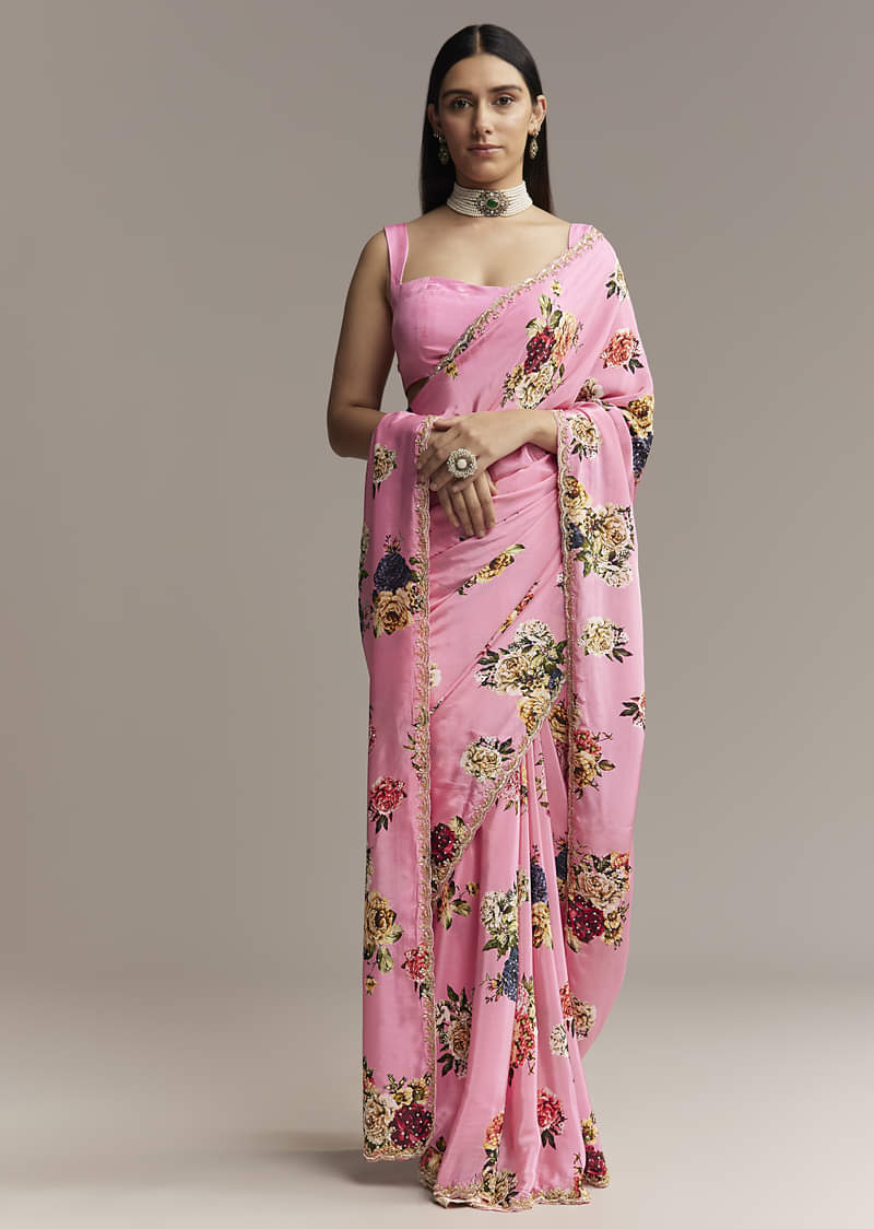 Pink Crepe Saree With Floral Digital Print And Sequin Border