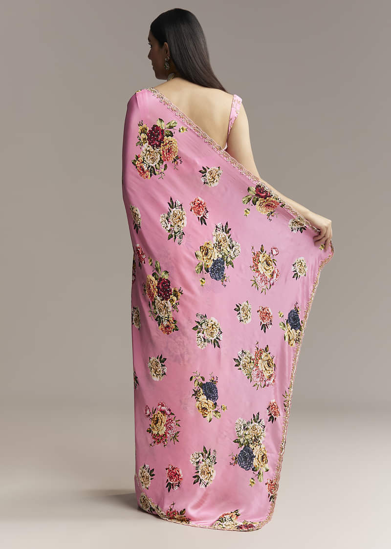Pink Crepe Saree With Floral Digital Print And Sequin Border