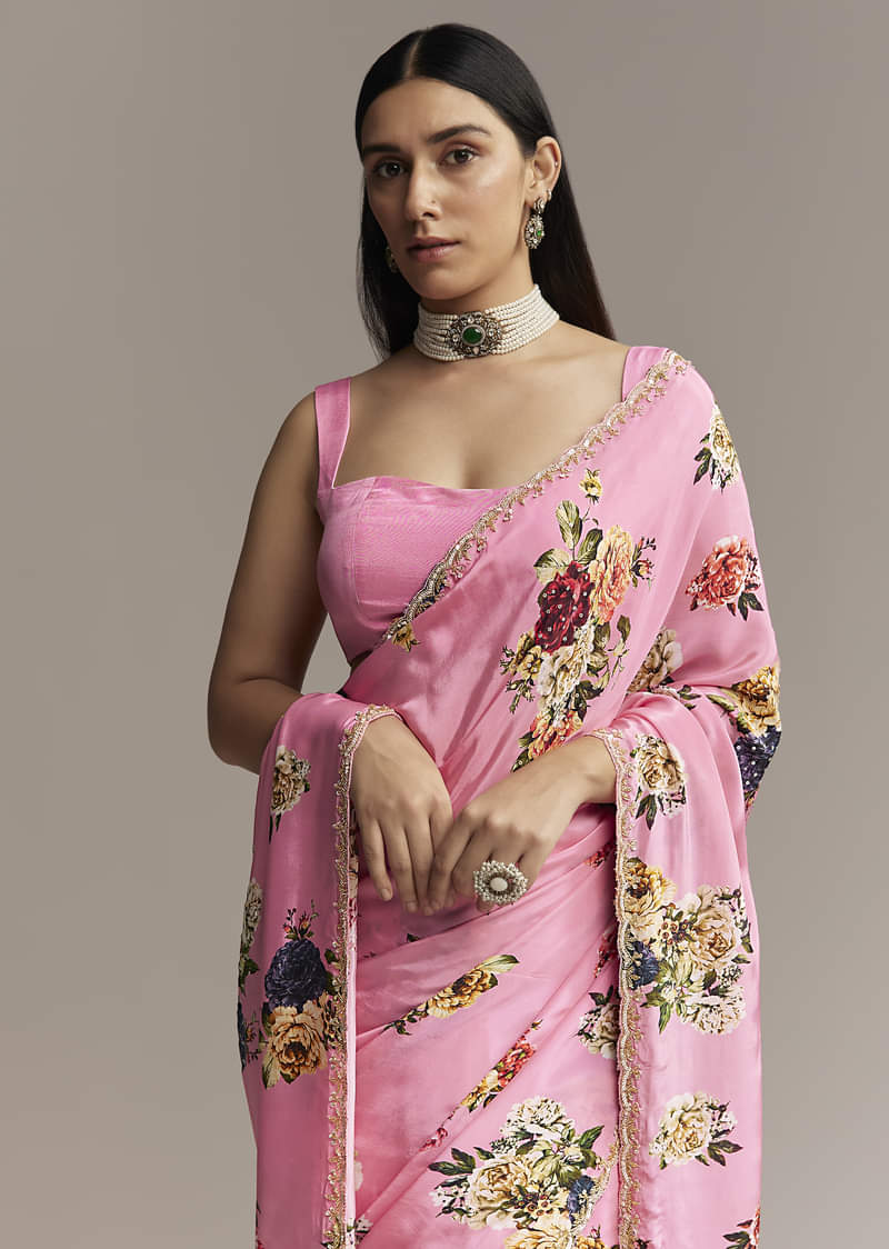 Pink Crepe Saree With Floral Digital Print And Sequin Border