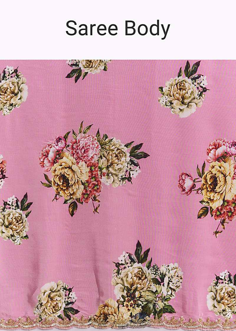 Pink Crepe Saree With Floral Digital Print And Sequin Border