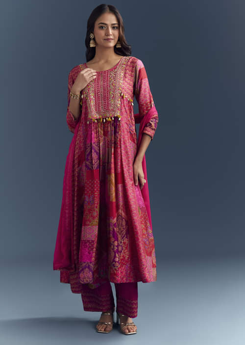 Pink Dola Silk Printed Anarkali Suit With Intricate Hand Embroidery Pink Dola Silk Printed Anarkali Suit With Intricate Hand Embroidery