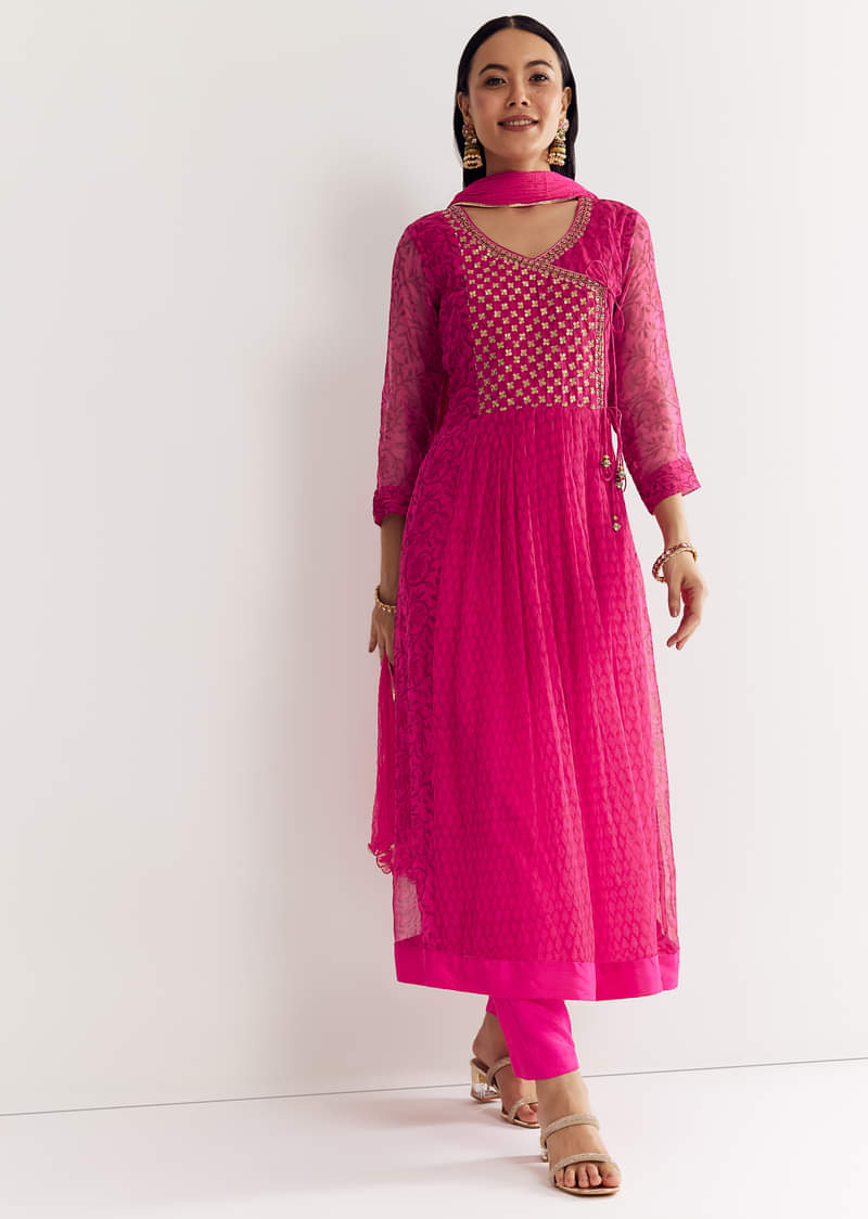 Pink Floral Chiffon Anarkali Kurta Set With Dupatta