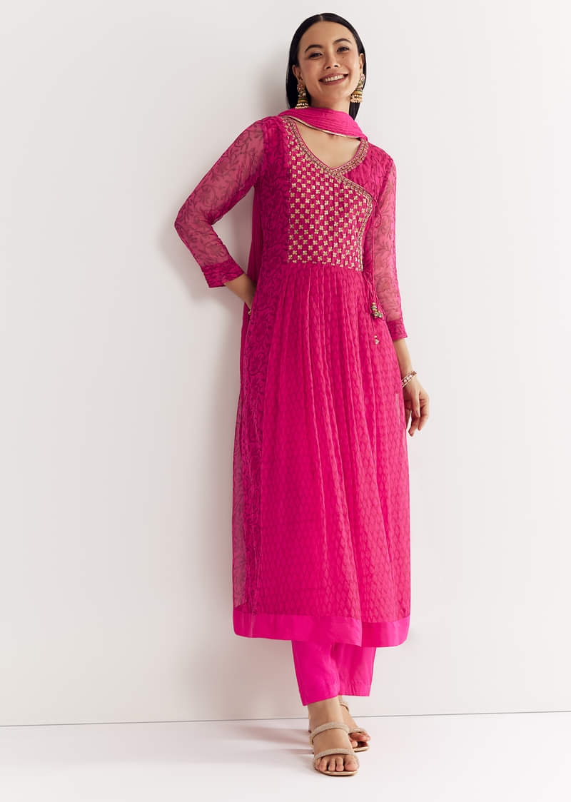 Pink Floral Chiffon Anarkali Kurta Set With Dupatta