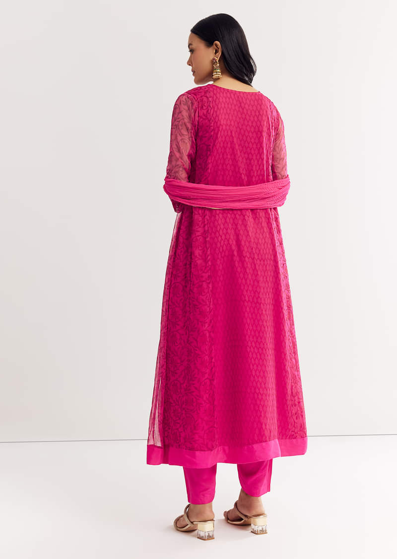 Pink Floral Chiffon Anarkali Kurta Set With Dupatta