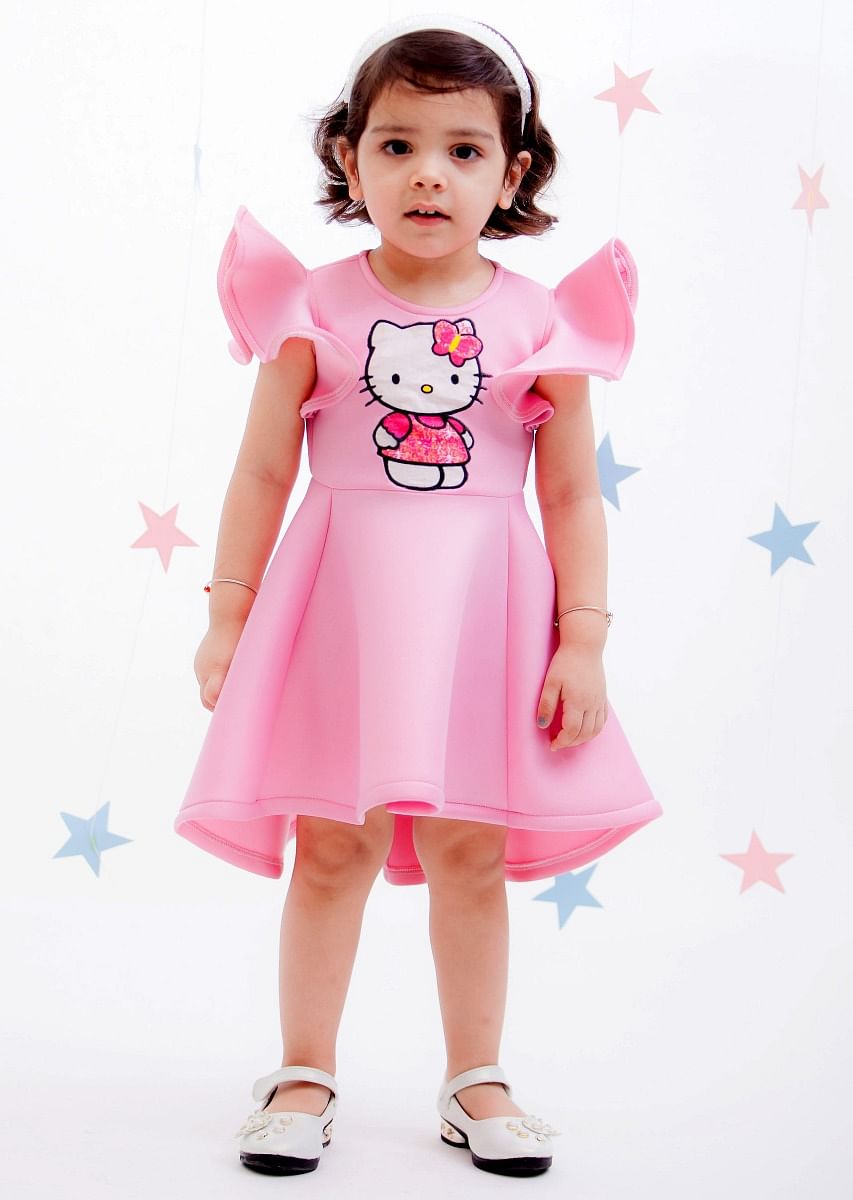 Buy Pink Hello Kitty Dress In Scuba Fabric With Ruffle Sleeves By Fayon Kids