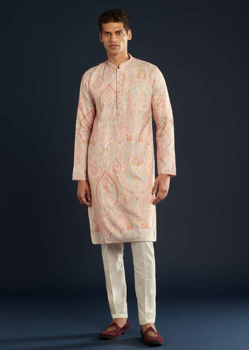 Pink Mens Kurta Set with Resham Thread Embroidery Pink Mens Kurta Set with Resham Thread Embroidery